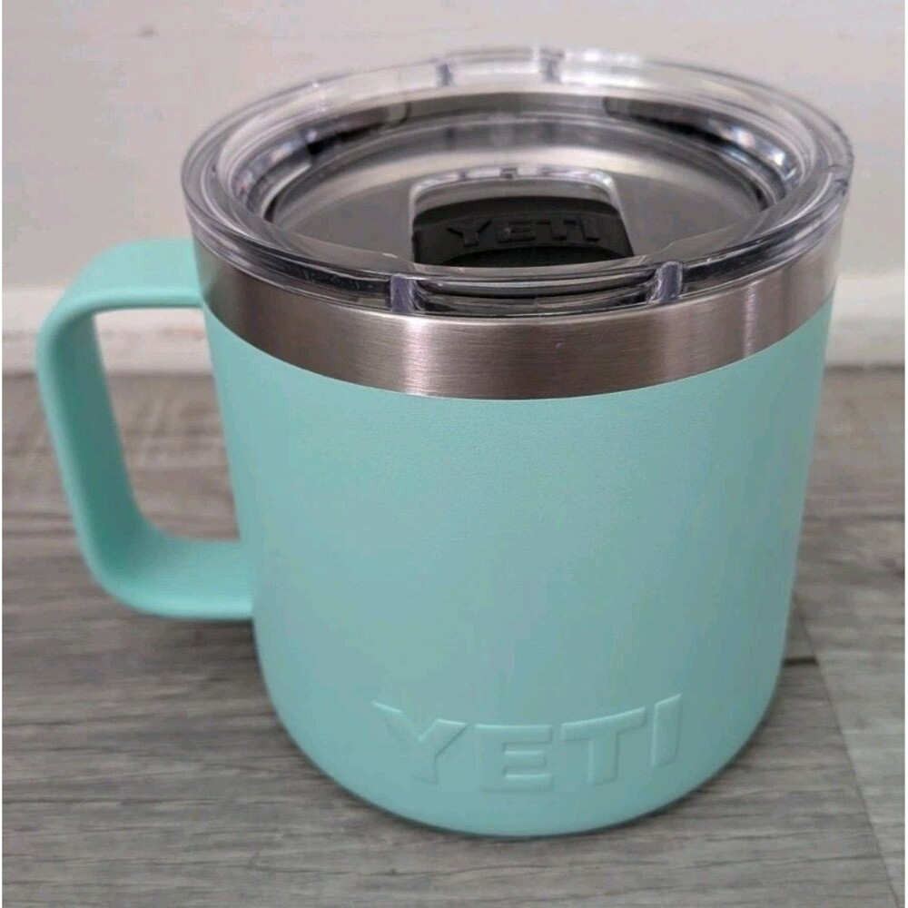 YETI Rambler 14 oz Mug Vacuum Insulated Stainless Steel Seafoam & Mag Slider Lid